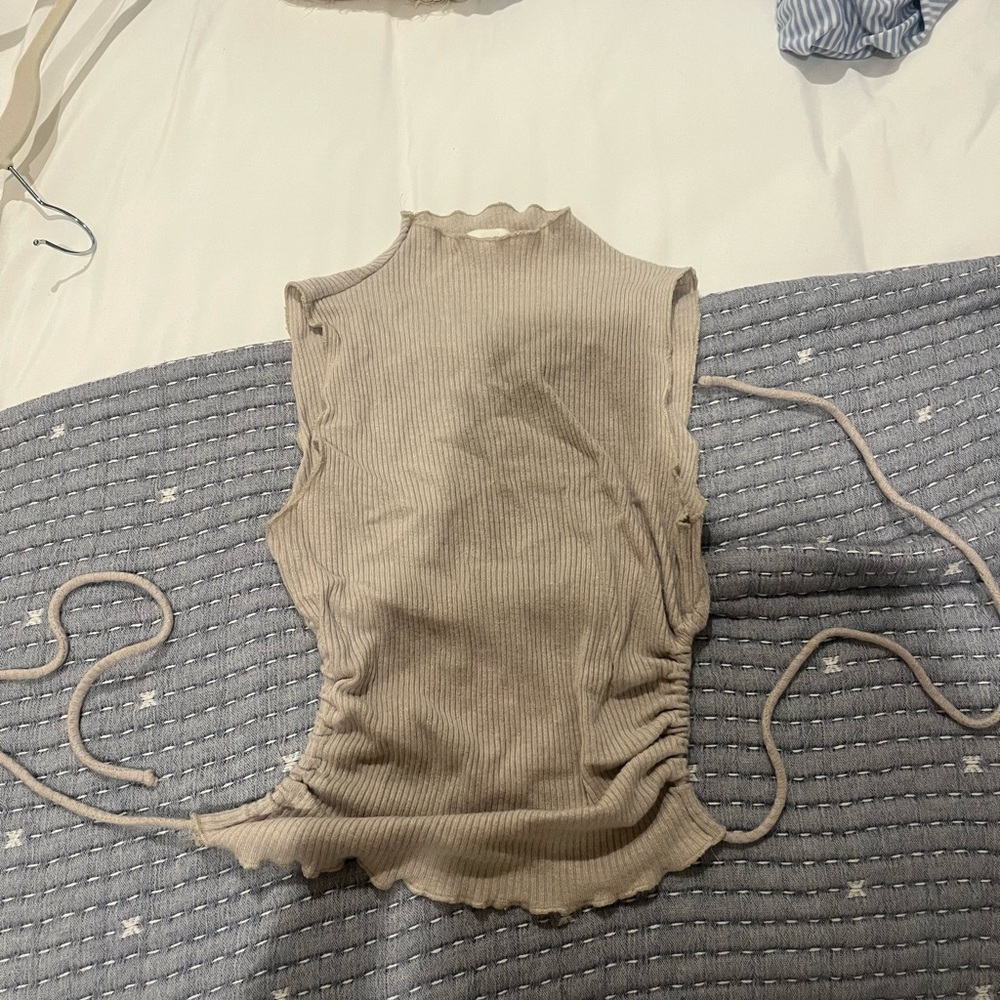 Beige Sleeveless Ribbed Tank Top